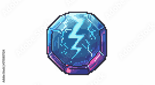 Pixel art octagonal gem with a glowing blue lightning bolt symbol, featuring vibrant blue and purple hues, on a white background.