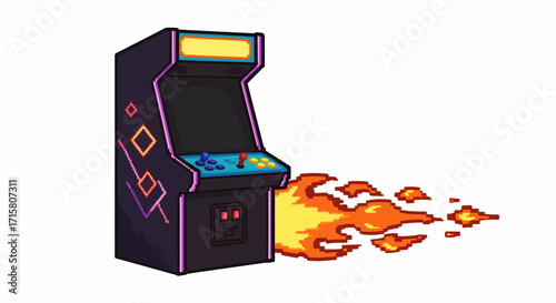 Vibrant pixel art illustration of a classic arcade machine with fiery rocket propulsion, speeding forward.