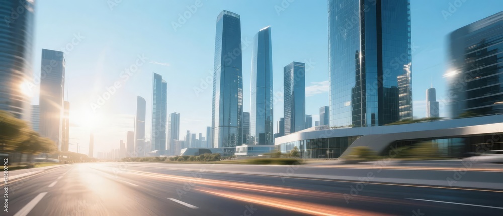 Fototapeta premium Modern city skyline with tall glass skyscrapers and a wide road under bright sunlight