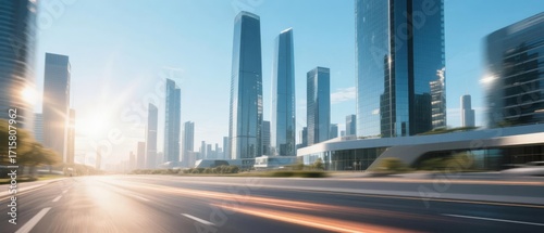 Modern city skyline with tall glass skyscrapers and a wide road under bright sunlight