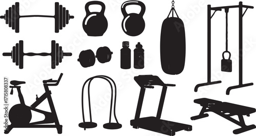 Silhouette illustration of fitness equipment for gym or home workout