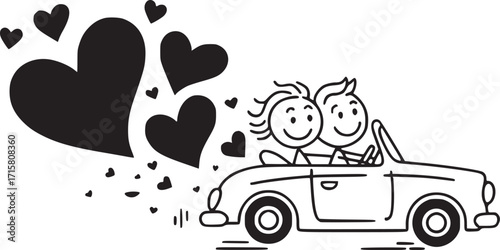 Joyride Romance: A joyful couple in a convertible car, with a trail of floating hearts, symbolizing love and freedom. A playful illustration of romance and adventure.