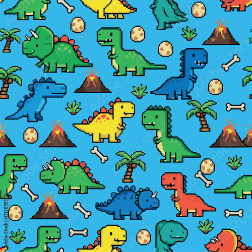 create A seamless pattern of cute pixelated dinosaurs. Creative digital assets for modern projects with a nostalgic 8-bit vibe, fora playful and trendy textile or digital background.