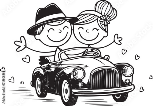 Joyride Romance: A cheerful pair, caught in a moment of sheer happiness, cruises in a classic car, a symbol of their journey together filled with love and excitement.