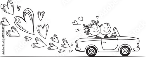 Love on the Road: A joyful cartoon couple cruises in a classic convertible, surrounded by a whimsical trail of hearts. Capturing the essence of love, adventure, and togetherness.