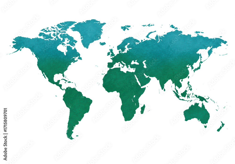 Fototapeta premium Isolated World map artwork with blue and green gradient coloring and paper texture effect