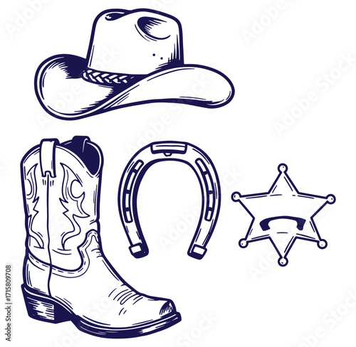 Vintage cowboy elements including hat boot horseshoe and sheriff badge illustration