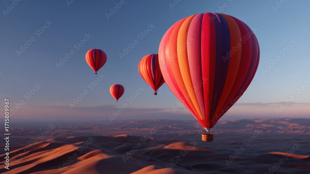 Fototapeta cinematic top view of hot air balloons floating over a desert at sunrise