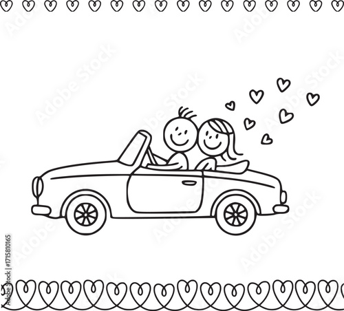 Romantic Journey in a Convertible: Two stick-figure lovers embark on a blissful ride in a classic convertible, with hearts floating overhead, a perfect emblem of love and happiness. 