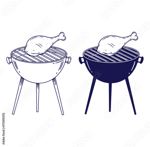 Vector illustration of a charcoal grill with chicken for outdoor summer barbecues