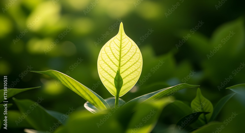Fototapeta premium Vibrant green leaf backlit by warm sunlight, symbolizing growth and nature