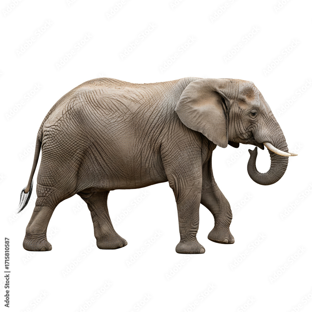 Fototapeta premium Majestic African Elephant Walking Gracefully with Textured Skin and Tusks PNG cutout transparent background isolate