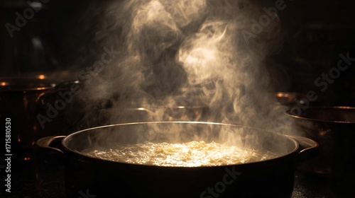 Wallpaper Mural A pot of boiling water emits steam in a warm, dimly lit kitchen. The atmosphere is cozy and inviting, perfect for an evening meal preparation. Kitchen utensils and pots are softly illuminated. Torontodigital.ca