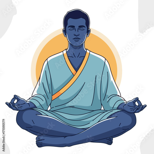 Illustrated Person Meditating in Lotus Pose with Closed Eyes and Serene Expression