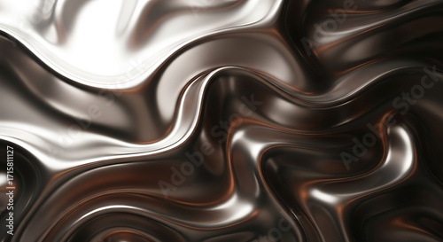 Hypnotic abstract background of swirling metallic liquid with glossy, reflective surfaces, creating an undulating, modern texture.