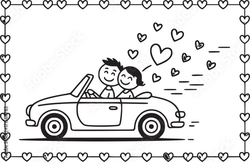 Love's Journey: A simple illustration of a couple embarking on a romantic journey in a vintage convertible, surrounded by hearts, symbolizing love, affection, and shared adventure.