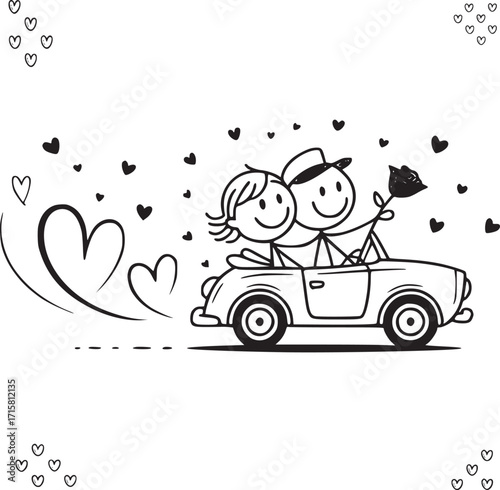Romantic Ride: A stick figure couple, united by a shared journey, joyfully cruise in a vintage car, surrounded by whimsical hearts, signifying love.