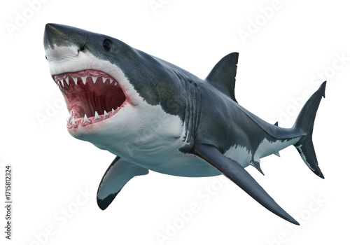 Isolated menacing great white shark swimming, teeth bared in an aggressive display underwater