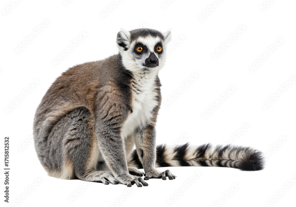 Obraz premium Isolated ring tailed lemur portrait – distinctive black and white banded tail, curious primate