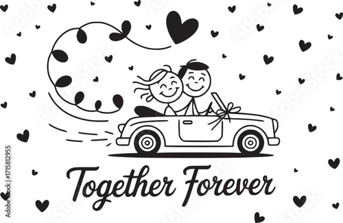 Love's Journey Together Forever:  A whimsical sketch depicts a joyful couple in a classic car, surrounded by floating hearts, embodying the enduring spirit of love and unity.  