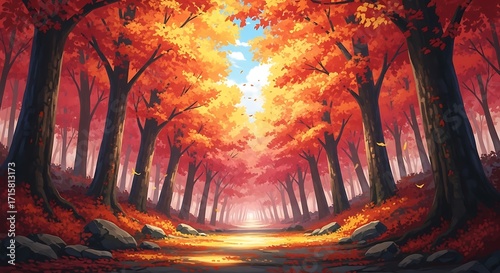 A vibrant autumnal forest path, bathed in warm sunlight, leads through a colorful canopy of fiery red and golden leaves.
