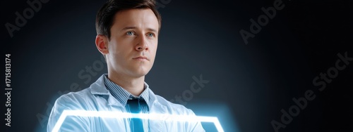 Young Male Scientist in Lab Coat with Futuristic Technology Display