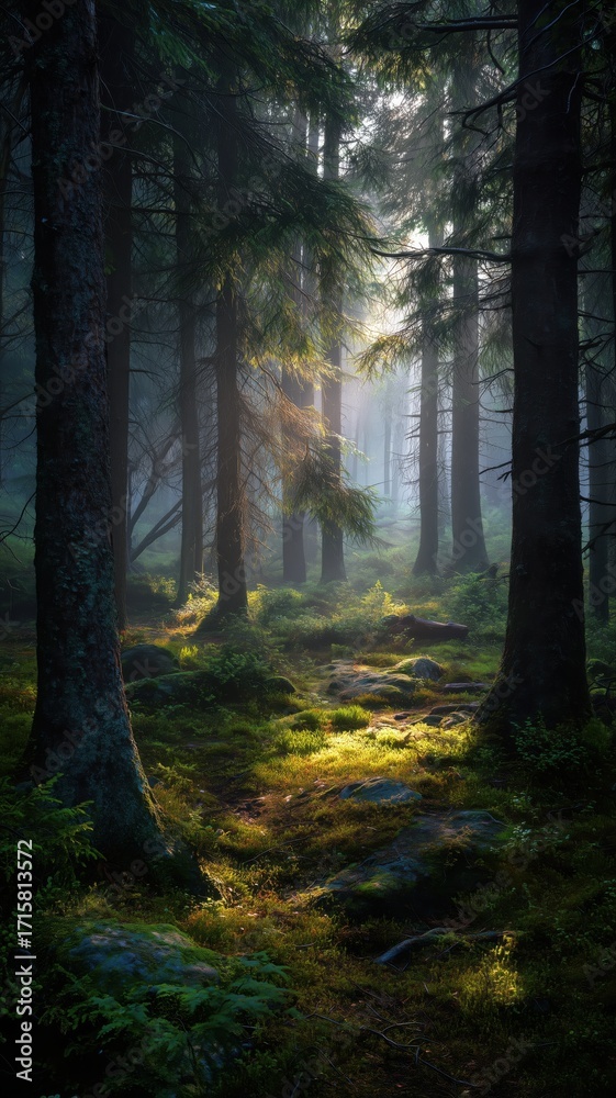 Obraz premium 神秘的な光が差し込む深い森の風景。自然や癒しのイメージに最適な森林写真。