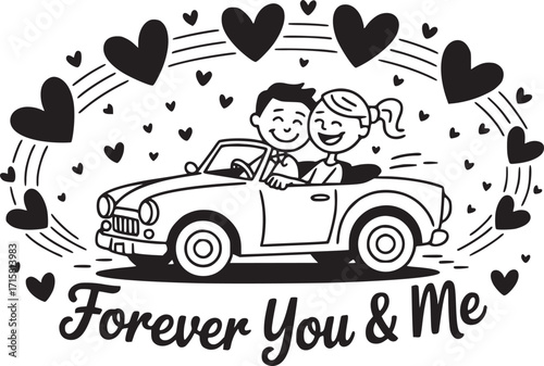 Romantic Drive: Two hearts entwined, set against a backdrop of loving hearts, embark on a journey of Forever You & Me in a charming vintage car. This image evokes a sense of love, unity.