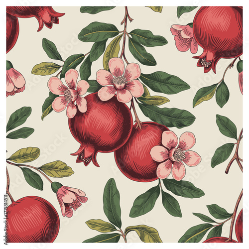 richly detailed seamless vector tile of lush, hand‑inked pomegranates, budding flowers and glossy foliage on a warm cream ground, featuring delicate cross‑hatching, layered color flats.