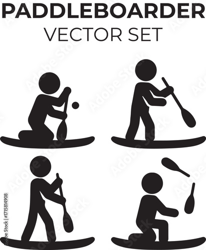 Minimalist Paddleboarder Silhouettes – Balance, Water Sports, Lake – Black and White Vector Set