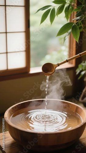 Hot water being poured from a wooden ladle into a wooden bowl, creating ripples and steam in a traditional indoor setting with natural light.