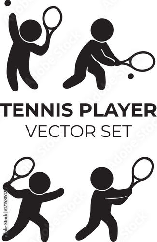 Minimalist Tennis Player Silhouettes – Serving, Volley, Forehand – Black and White Vector Set