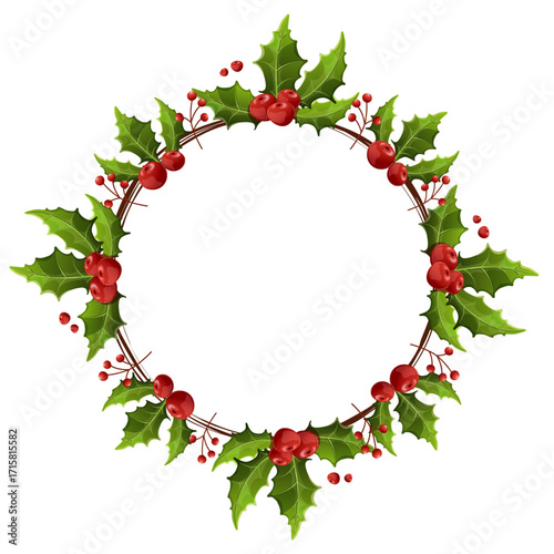 Holly wreath with green leaves and red berries for winter holiday graphic design, greeting card, invitation, postcard. Winter seasonal decoration on white background.