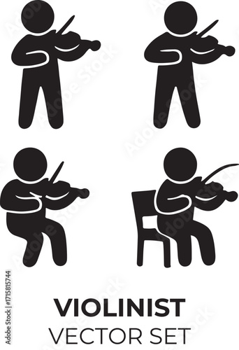 Minimalist Violinist Silhouettes – Classical Music Performance – Black and White Vector Set