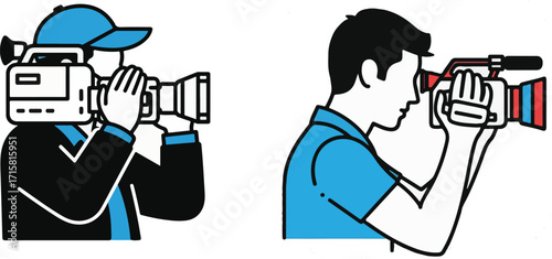 Professional Videographers Operating Video Cameras in Modern Illustration Style