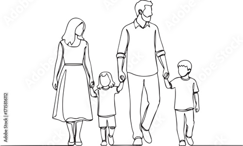 Create continuous single line drawing of mother and father with two children walking hand in hand, family line art vector illustration on white Background.