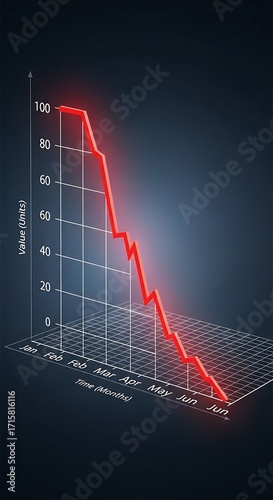 A dramatic decline in value is illustrated on a three-dimensional graph showing monthly data from January to June.