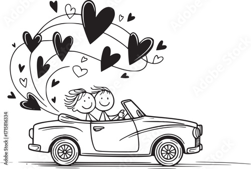 Love's Joyride: Two stick figures in a convertible car, hearts swirling above, embodying the adventure and romance of love.