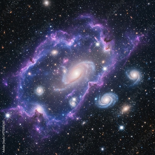 Mesmerizing deep space landscape featuring a prominent spiral galaxy surrounded by smaller galaxies, glowing nebulae, and a dense field of stars in dramatic purples and blues.