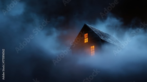 Halloween haunted house background with fog and eerie lighting