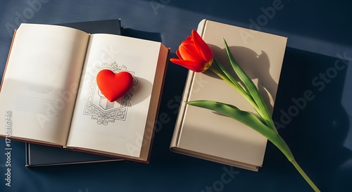 Romantic still life featuring an open book displaying a red heart, a fresh red tulip, and another book, all resting on a dark, textured surface, evoking themes of love and literature.