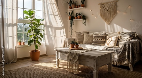 Elegant sunlit bohemian living room featuring a plush sofa, decorative throw pillows, a large houseplant, macrame art, and a rustic coffee table, with soft light streaming through the window.