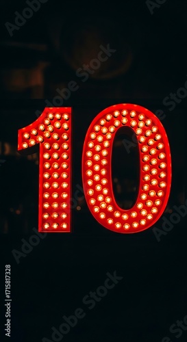 Vibrant red number '10' in a classic marquee style, adorned with countless small, glowing bulbs, set against a dramatic dark backdrop, perfect for eye-catching designs.