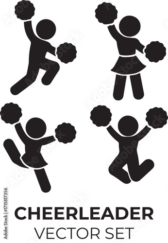 Minimalist Cheerleader Silhouettes – Pom-Poms, Jump, Team Spirit – Black and White Vector Set