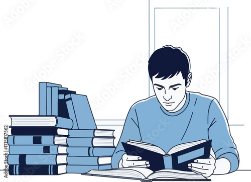 Focused Young Man Reading a Book Surrounded by Stacks of Books
