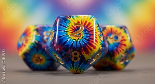 Unique set of three polyhedral dice, each with a vibrant tie-dye pattern, designed for tabletop role-playing games, against a blurred, colorful rainbow background.