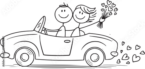 Joyride of Lovers: This charming image depicts two stick figures enjoying a romantic convertible ride with hearts flowing, embodying happiness and togetherness. 