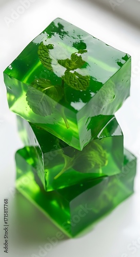 Stack of three vibrant green, translucent jelly cubes infused with fresh mint leaves, presented on a bright white background, symbolizing freshness and a healthy treat.