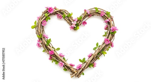 Exquisite heart-shaped design made from natural woven branches, decorated with vibrant pink flowers and lush green foliage, isolated on a clean white background, perfect for romantic themes.