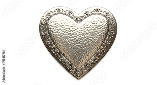 Ornate silver metal heart with a hammered texture and intricate floral border, isolated on a pure white background, conveying elegance and timeless romance.